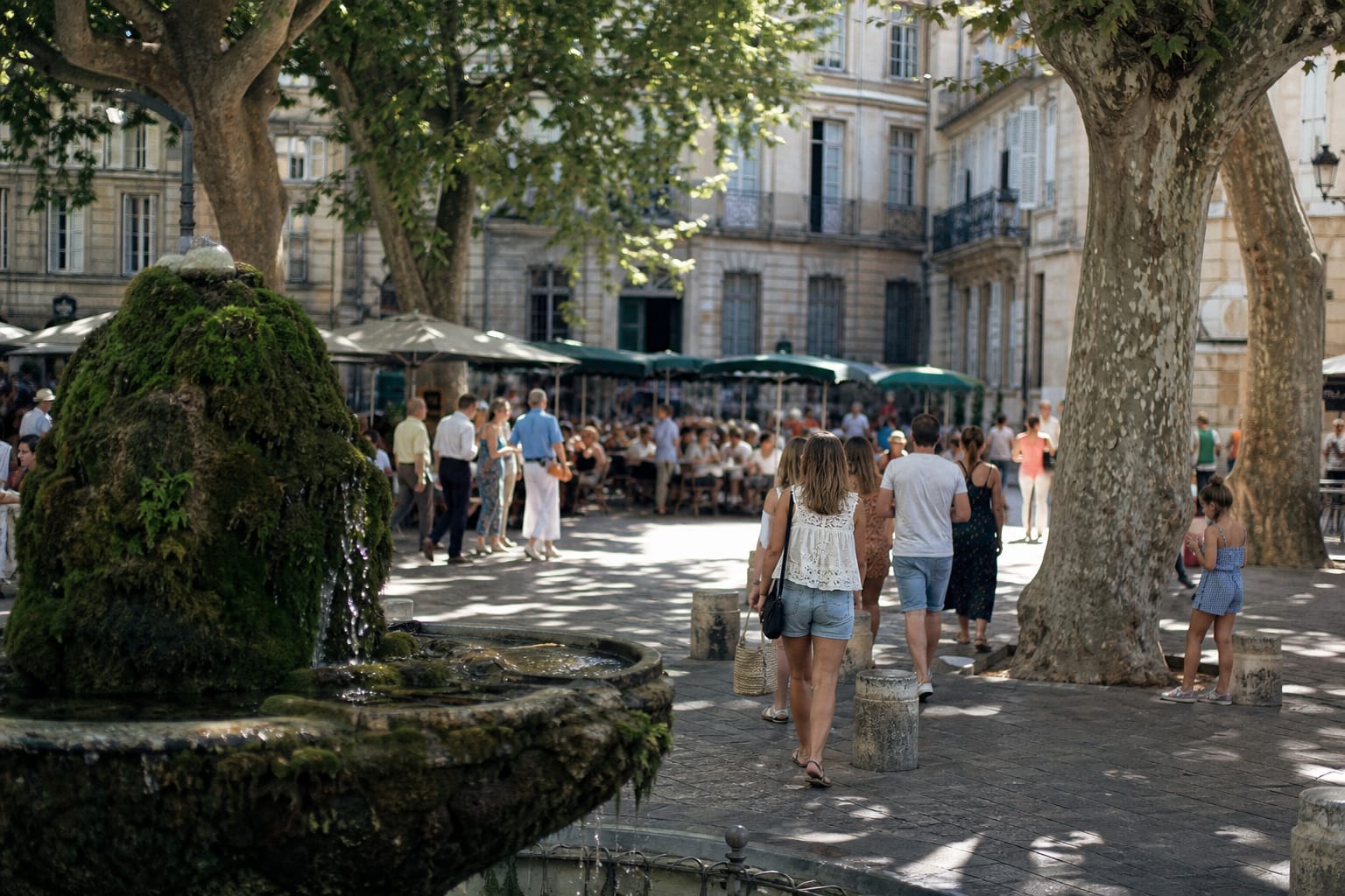 Cours bordé de platanes et de fontaines à Aix-en-Provence, terrasses animées