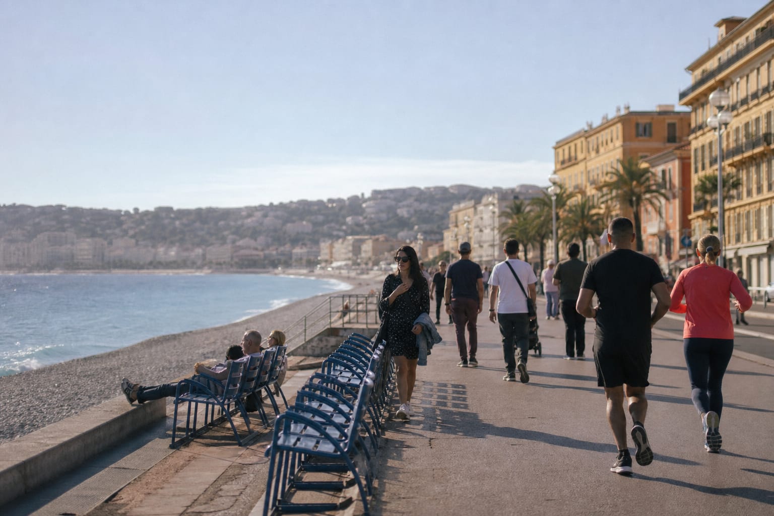 Promenade des Anglais à Nice, avec ses chaises bleues face à la plage de galets et à la baie des Anges