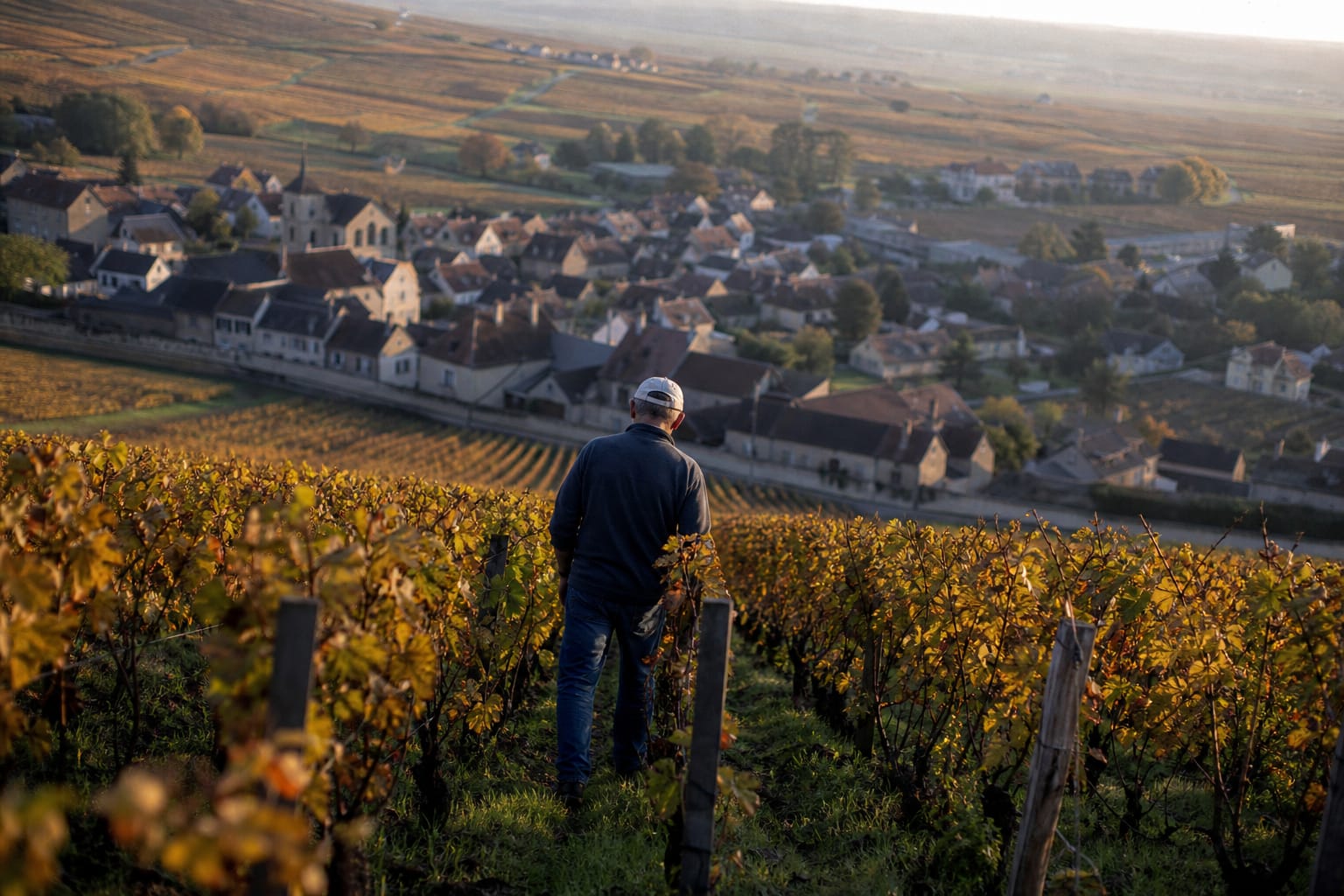 Rangs de vigne dorés à l'automne sur une colline bourguignonne, village en contrebas
