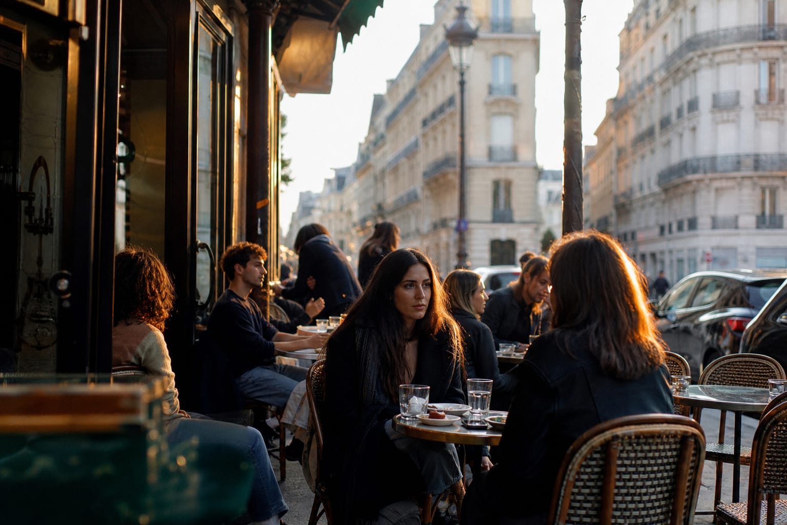 Terrasse de café parisienne en fin d'après-midi, immeubles haussmanniens et lumière dorée