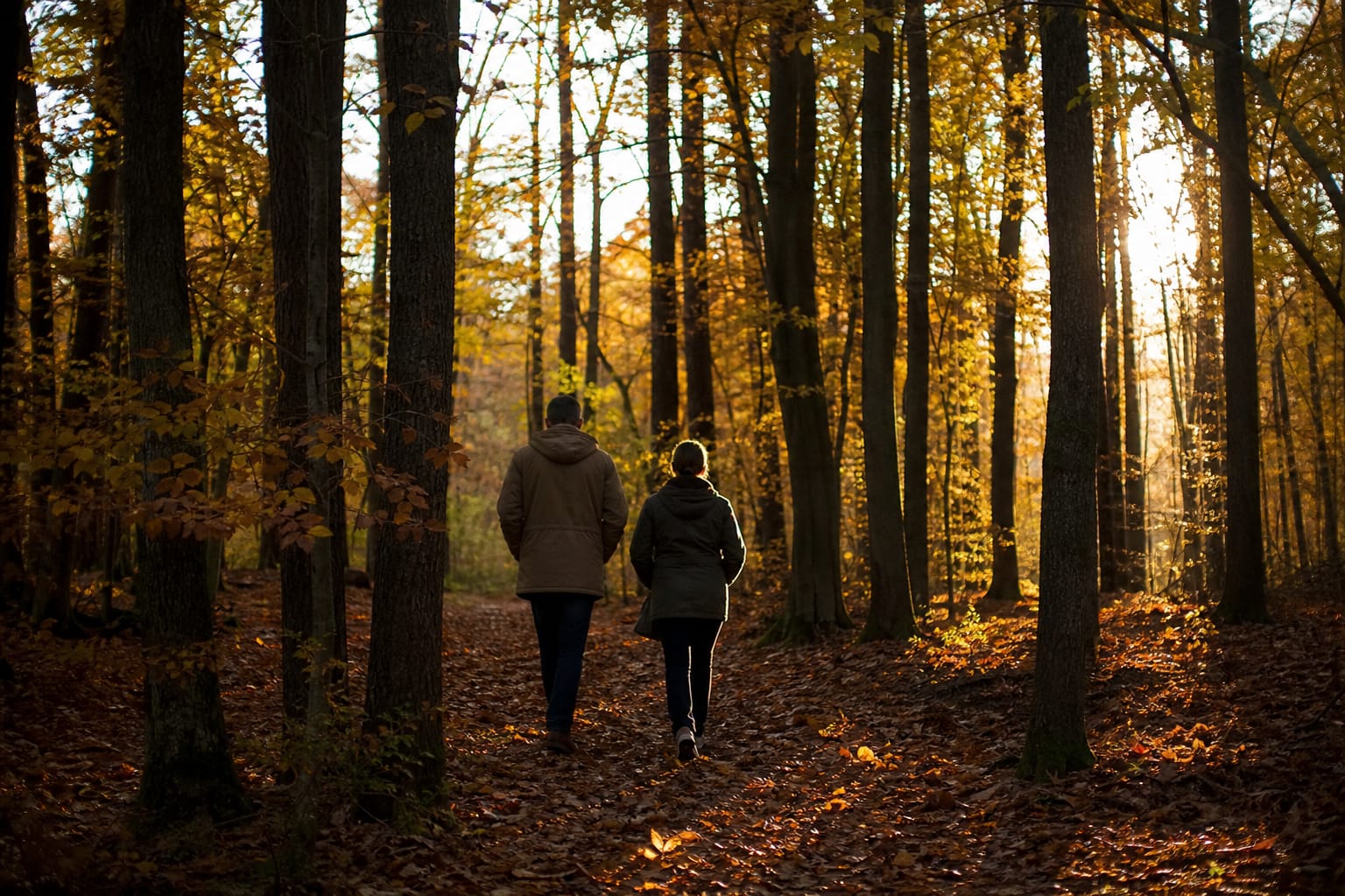 Forêt aux couleurs d'automne avec lumière rasante entre les troncs