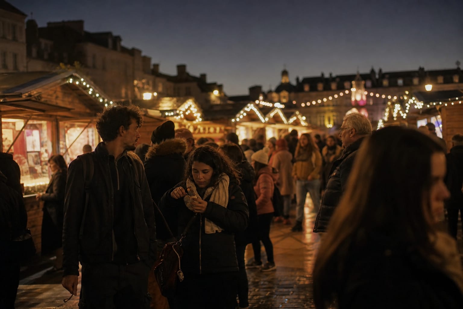 Marché de Noël illuminé en soirée avec chalets en bois