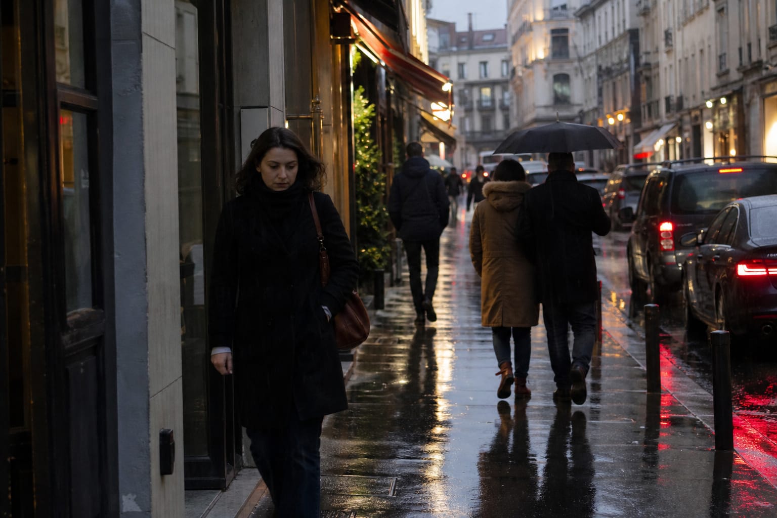 Rue de ville sous la pluie avec reflets et lumières de vitrines